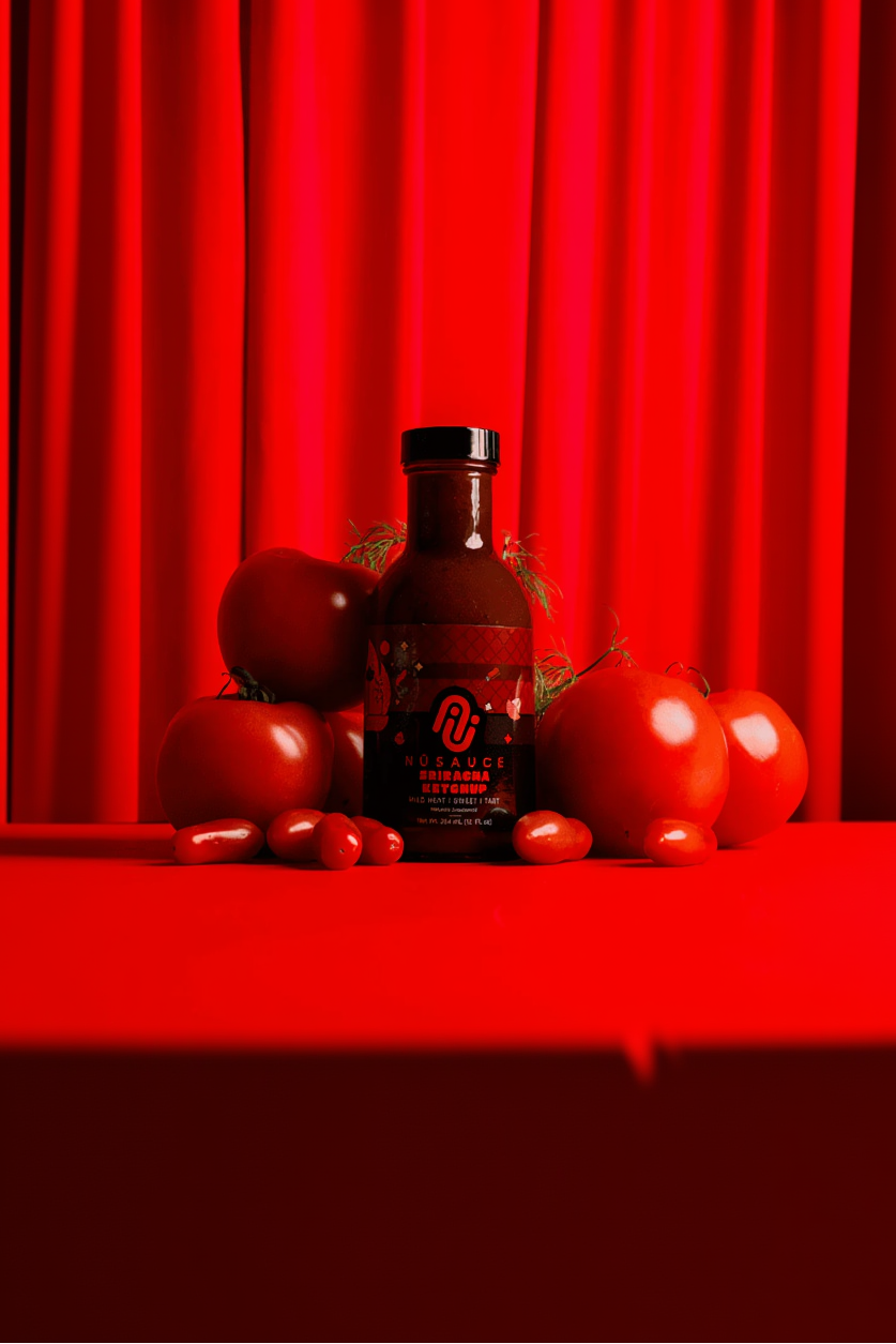 Bottle of hot sauce with tomatoes on a red background