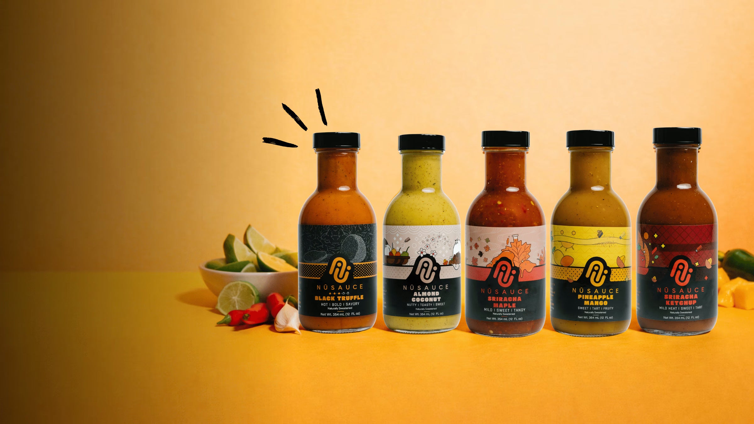 Five bottles of Nusauce with visible branding on a yellow background