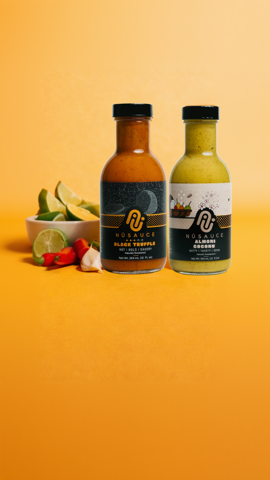 Two bottles of NuSauce on a yellow background with ingredients.